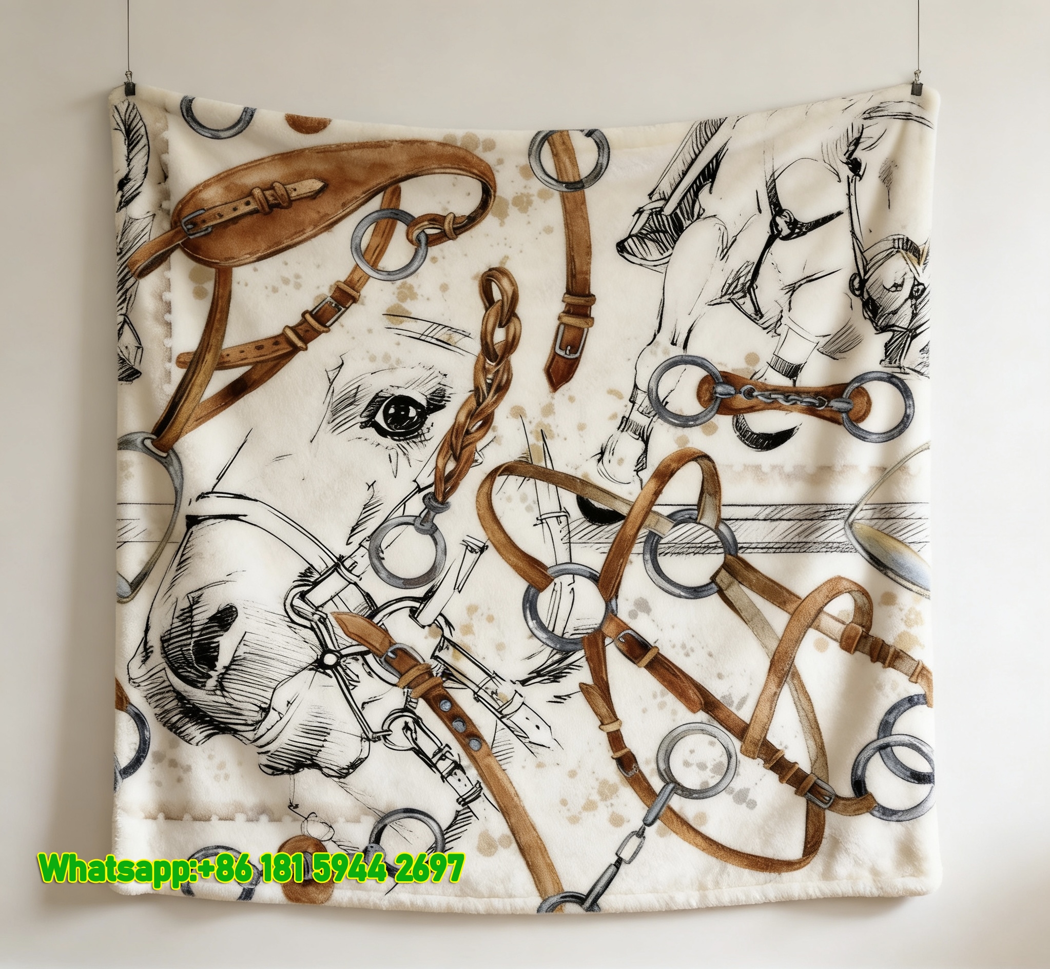Hermès Watercolor Equestrian Horse Tack Flannel Throw Blanket IMG_5266